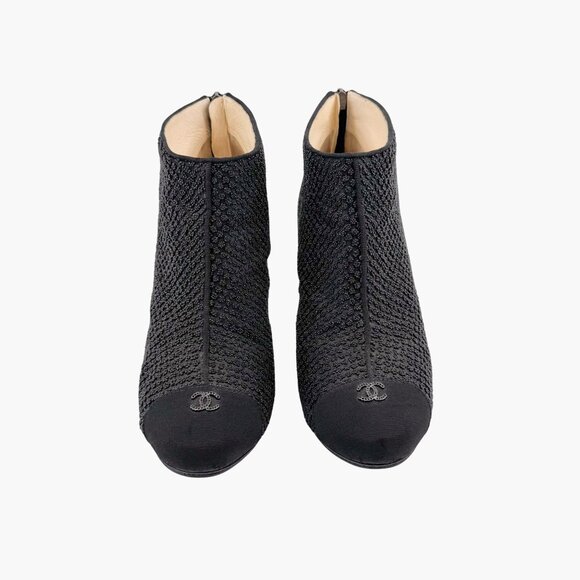 Chanel CC Cap Toe Ankle Booties Size 38.5 US 7.5-8 Black Beaded High Heel Boot - Picture 3 of 16